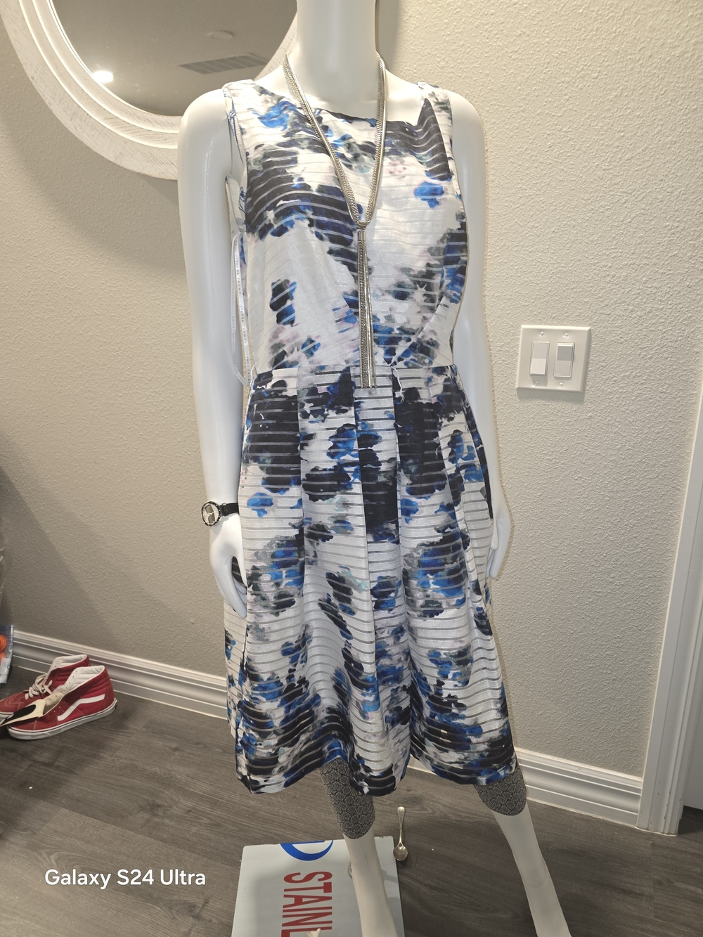 Ivanka Trump White Dress with Blue and Navy Abstract Print